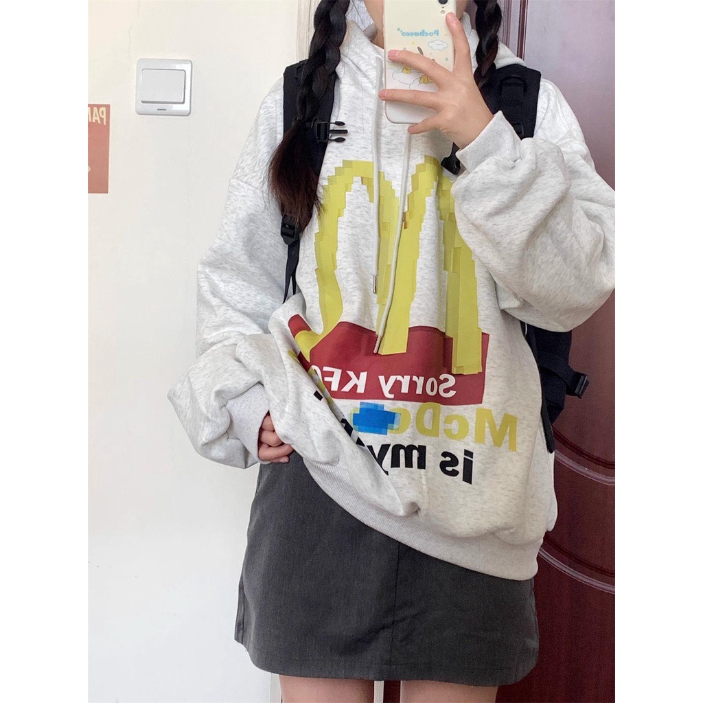 Áo Hoodie cotton Dáng Rộng In Hình Vui Nhộn Phong Cách Đường Phố Cho Nữ