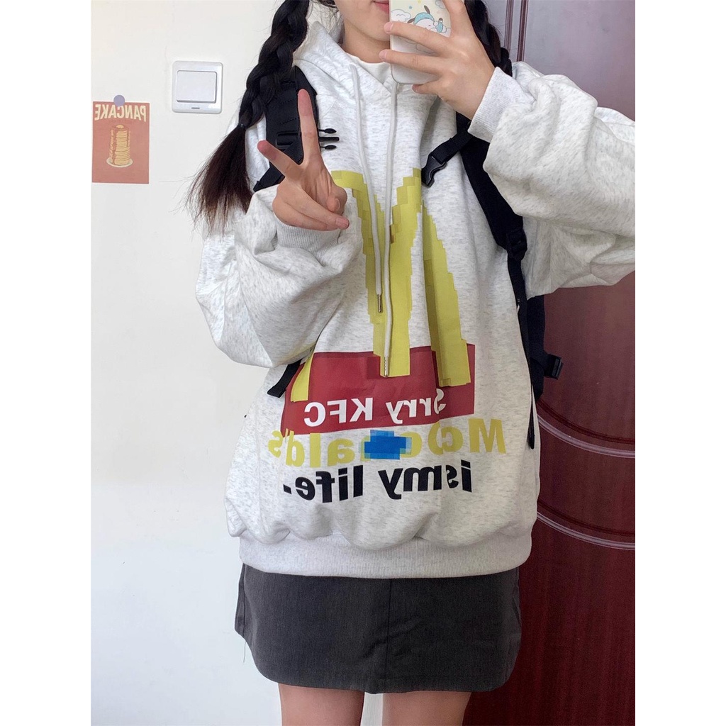 Áo Hoodie cotton Dáng Rộng In Hình Vui Nhộn Phong Cách Đường Phố Cho Nữ