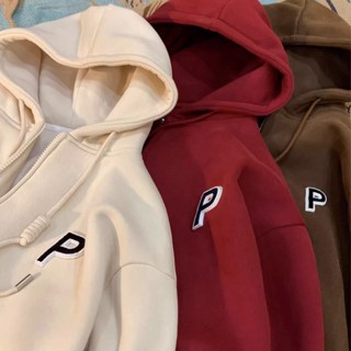 Áo Hoodie nữ zip unisex, khoác bomber nỉ bông Ulzzang thêu chữ P, mũ áo trùm đầu 2 lớp, thân 1 lớp phong thái Hàn Q