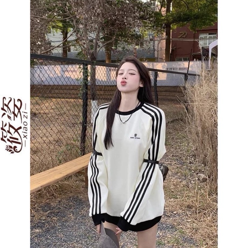 Áo Sweater Sọc Dài Tay Thêu Logo S Siêu Cute 😍 Áo Dài Tay Dáng Rộng Unisex