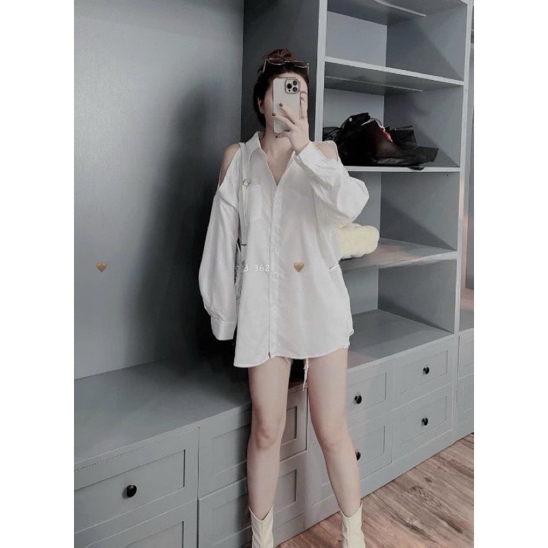 Áo Sơmi Trắng Khoét Vai Form Đẹp Quyến rũ Nhẹ Nhàng💖 Áo Sơmi Hở Vai Tay Phồng Tiểu Thư Hàn Quốc