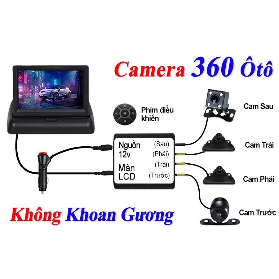 Giá tốt nhất - Bán chạy nhất  Camera 360 Ô Tô Xem 4 Cam Cùng Lúc, Màn Hình 7inch Full HD, Có Led Đi Đêm, BH