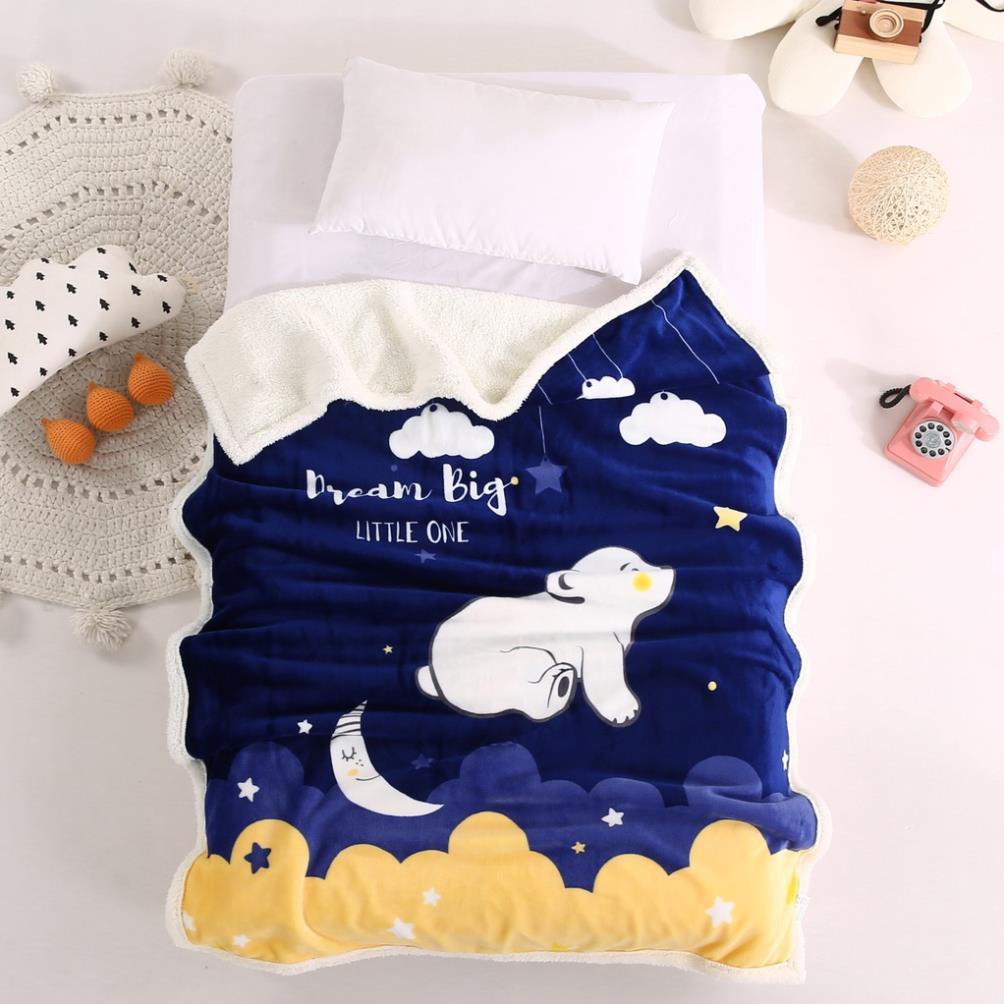 Chăn lông cừu trẻ em 2 lớp siêu ấm cho bé, chăn cho bé đi học đến trường mùa đông Size 1m4 x 1m