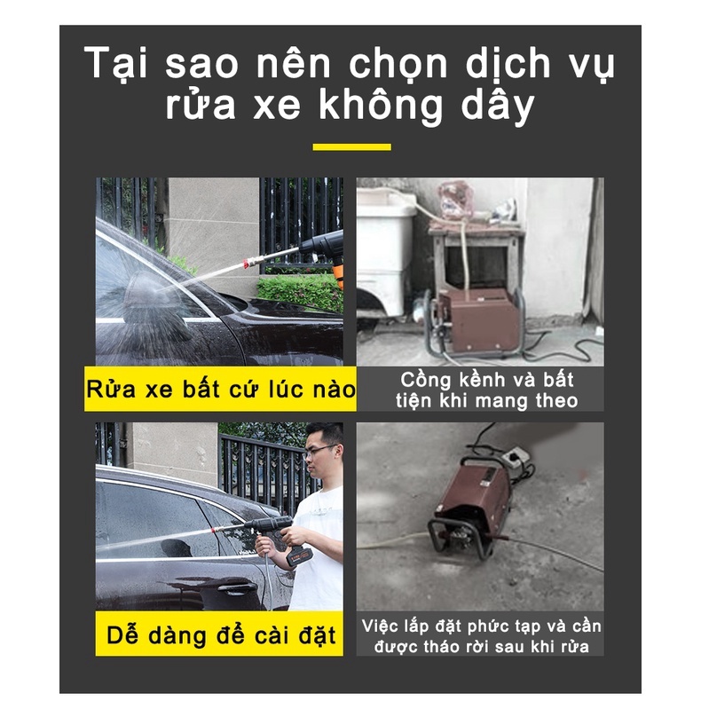 Máy Rửa Xe Ô Tô, Xe Máy Gia Đình Cầm Tay Chạy Pin 48Vf 25000mAH Công Suất 600w Phù Hợp Mọi Việc Rửa Xe