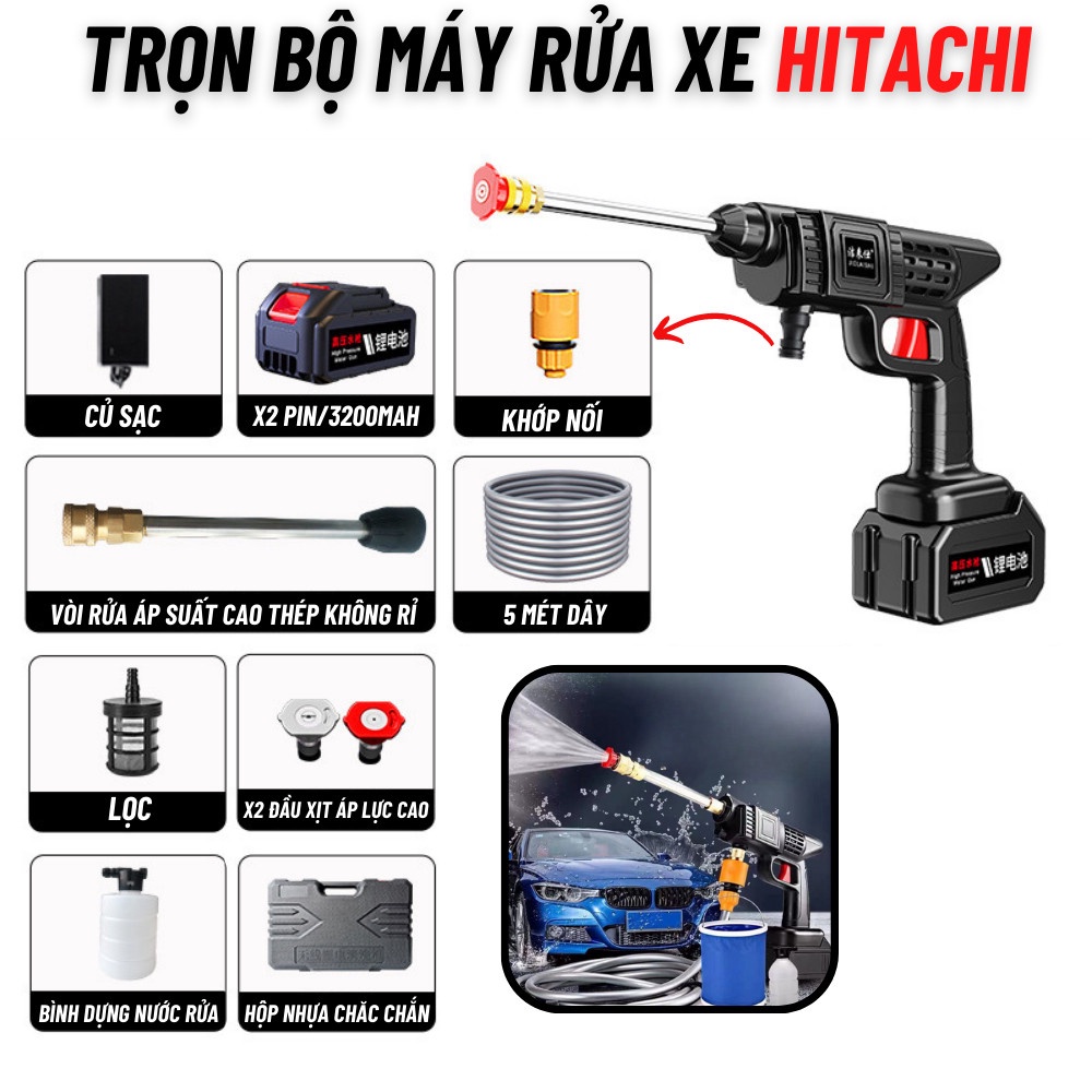 Máy Rửa Xe Ô Tô, Xe Máy Gia Đình Cầm Tay Chạy Pin 48Vf 25000mAH Công Suất 600w Phù Hợp Mọi Việc Rửa Xe