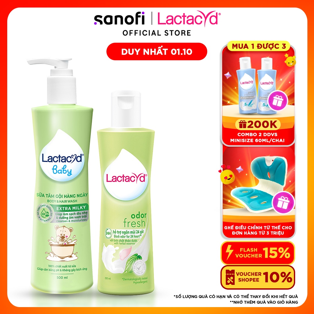 Bộ Dung Dịch Vệ Sinh Phụ Nữ Lactacyd Odor Fresh Ngăn Mùi 24H 250ml + Sữa Tắm Gội Trẻ em Lactacyd Baby Extra Milky 500ml