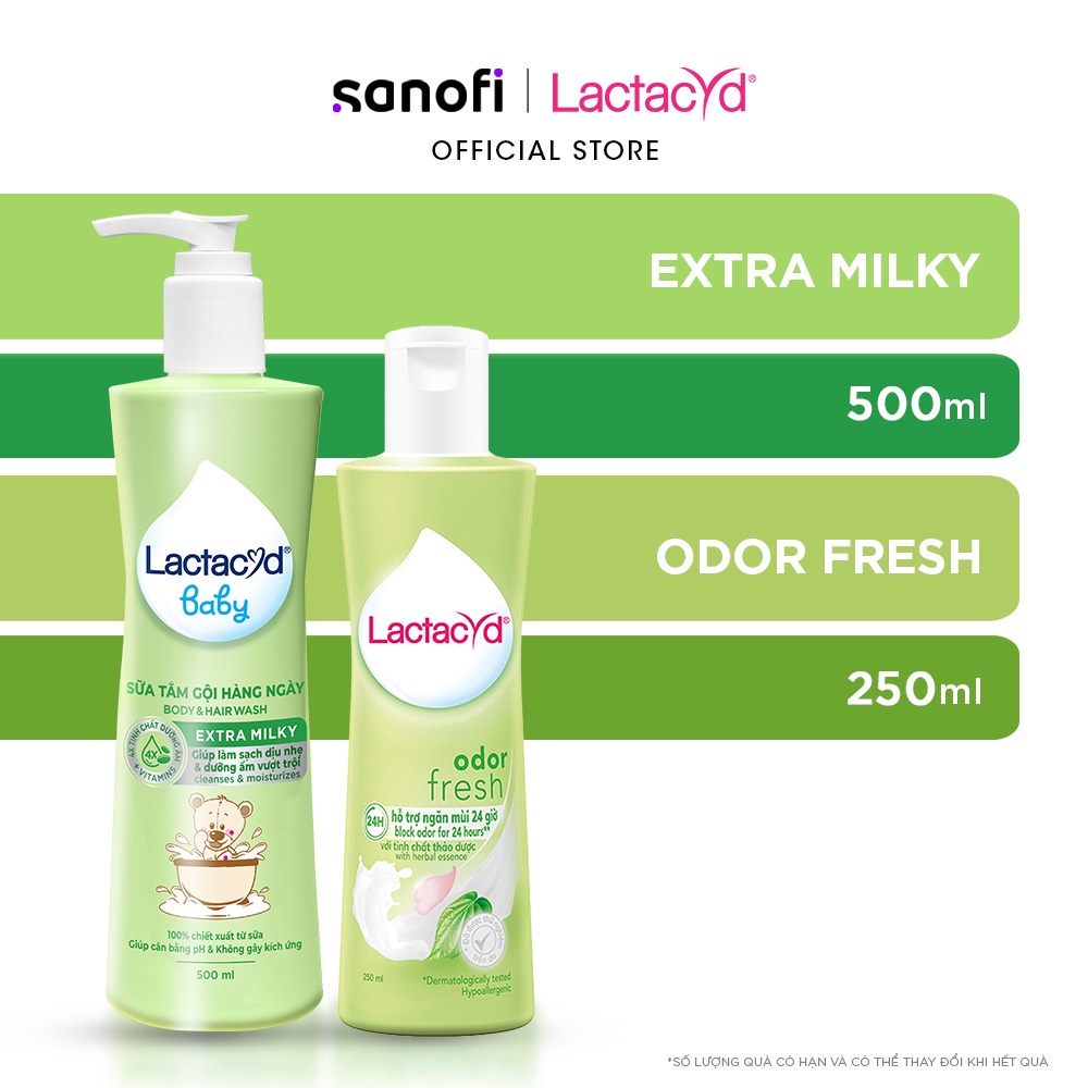 Bộ Dung Dịch Vệ Sinh Phụ Nữ Lactacyd Odor Fresh Ngăn Mùi 24H 250ml + Sữa Tắm Gội Trẻ em Lactacyd Baby Extra Milky 500ml