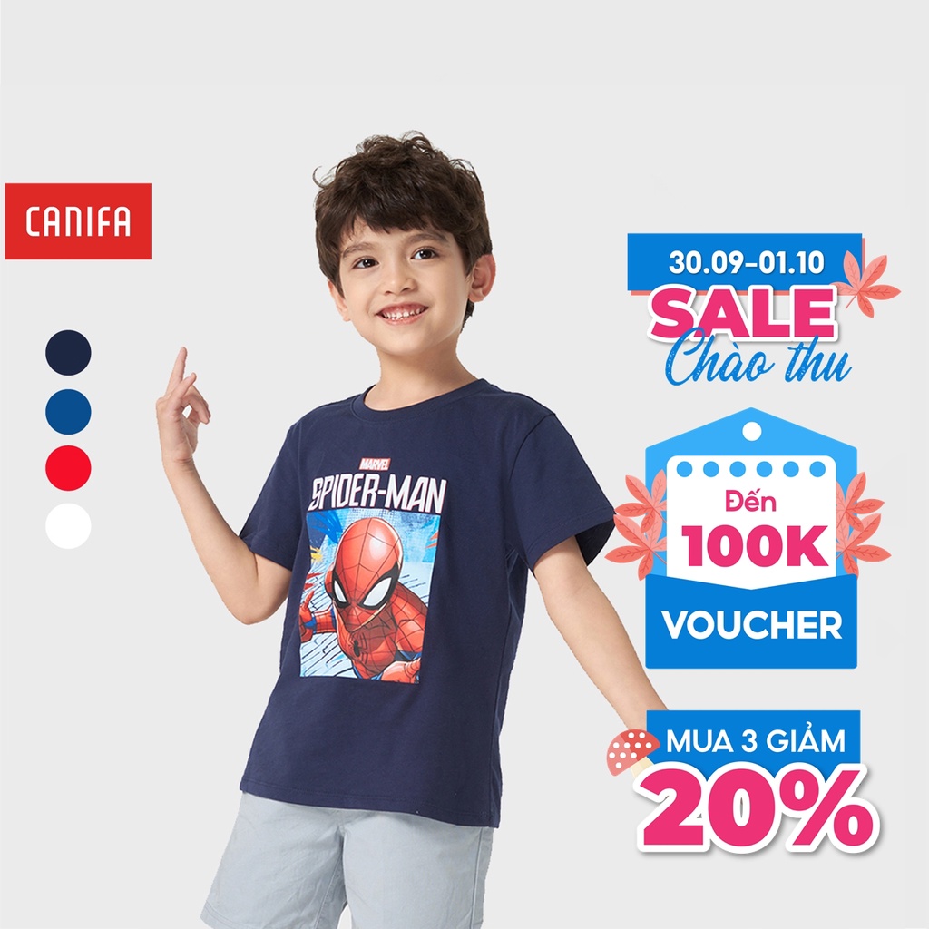 Áo phông bé trai CANIFA in Spiderman 100% cotton, cổ tròn tra bo, tay cộc 2TS23S013