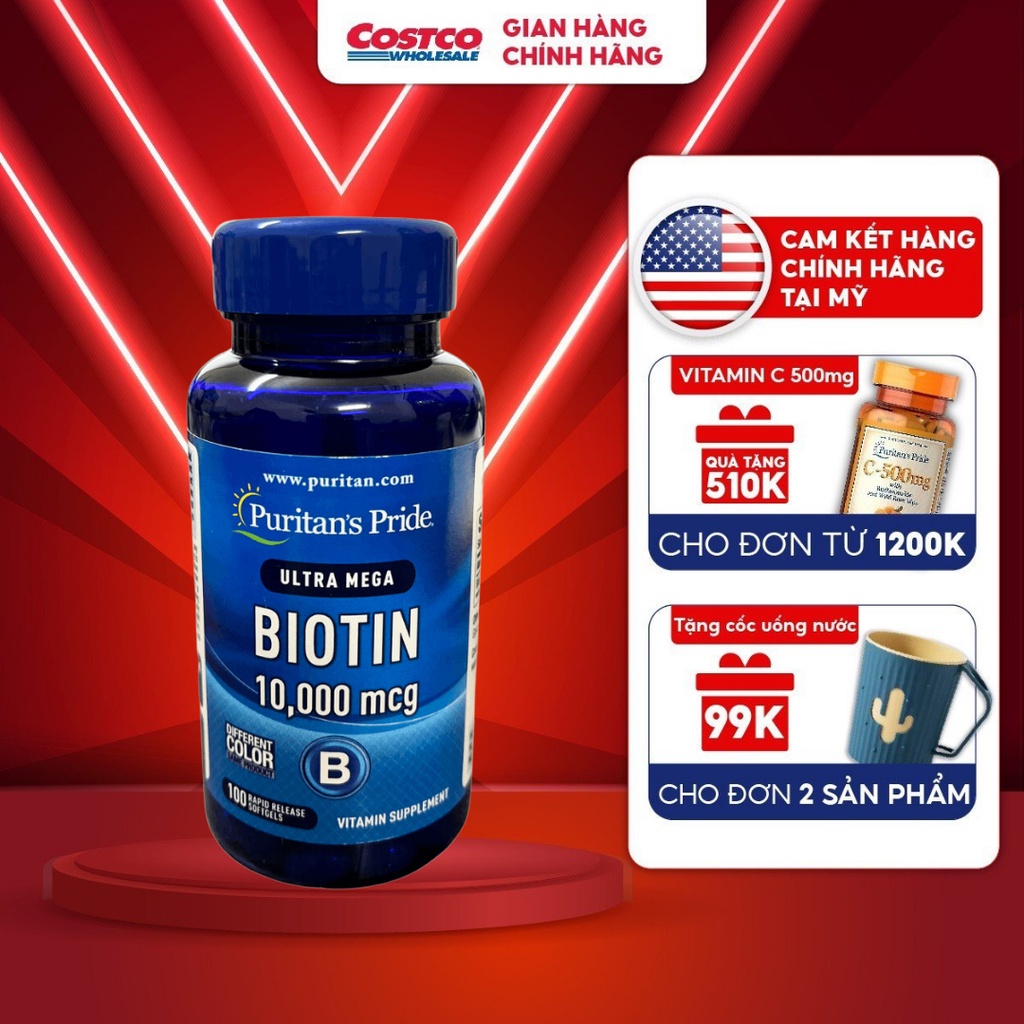 Viên uống Ultra Mega Biotin 10000 mcg Puritan's Pride 100 viên hỗ trợ mọc tóc nhanh, giảm rụng tóc của Mỹ