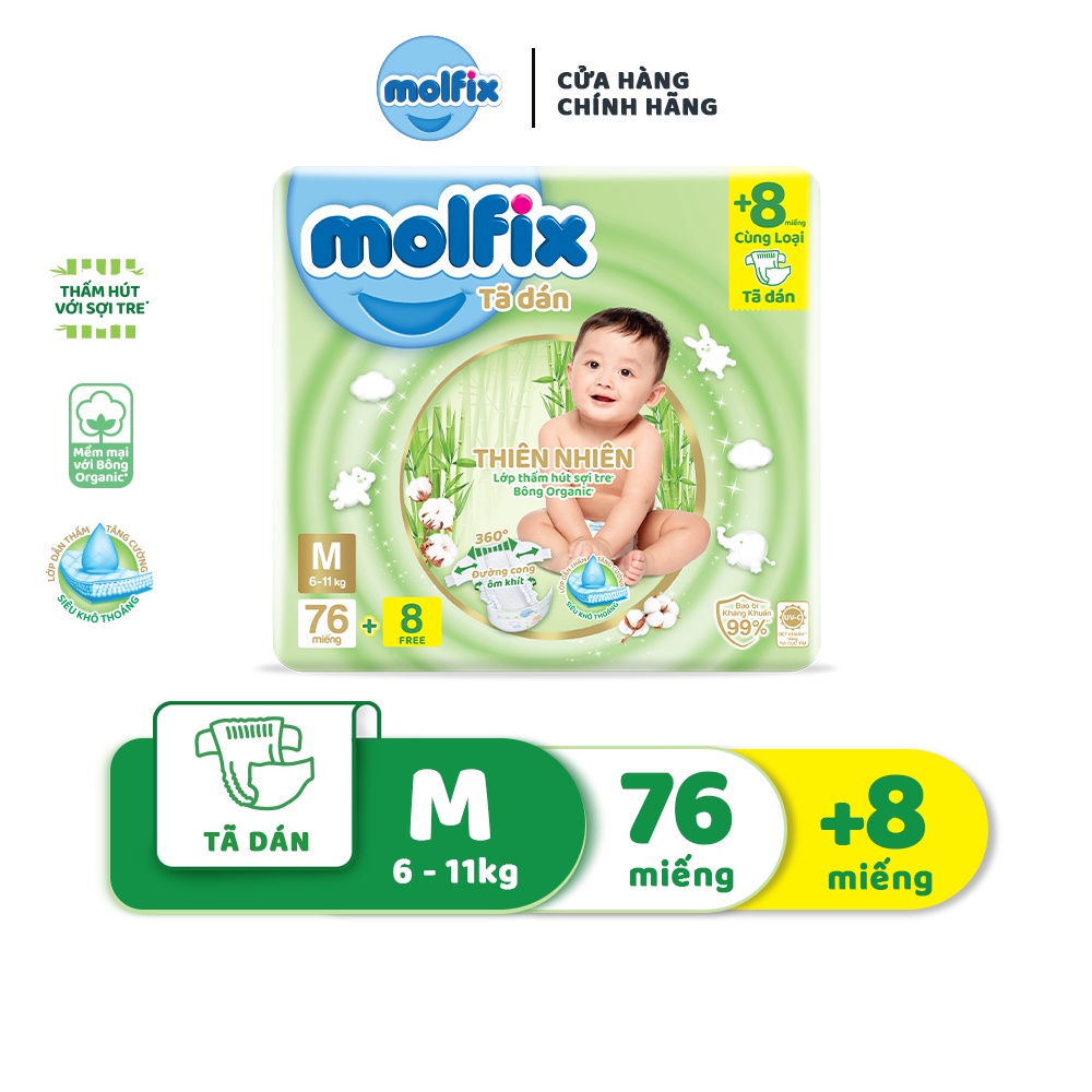 Tã dán thiên nhiên Molfix Super Jumbo S80/M76/L74/XL62/XXL56