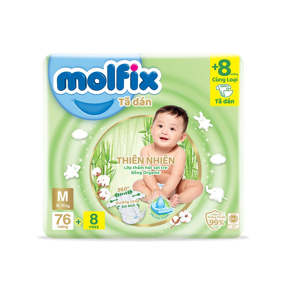 Tã/bỉm dán Molfix Thiên nhiên Super Jumbo M (6kg 11kg) Gói 76+8 miếng