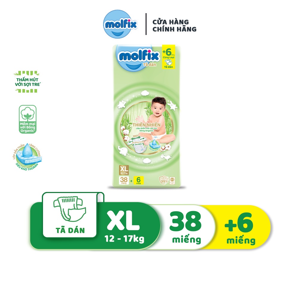 Tã dán thiên nhiên Molfix Jumbo NB76/S56/M48/L42/XL38