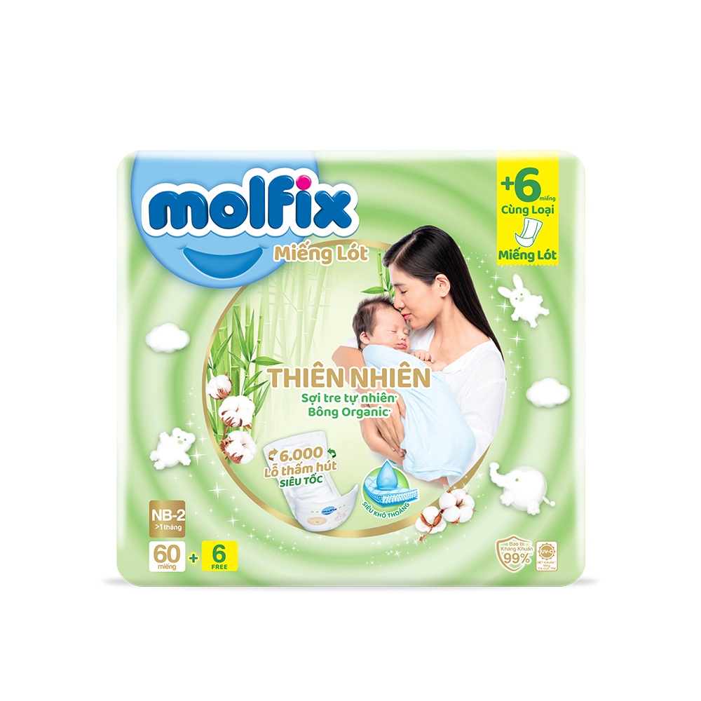 Miếng lót sơ sinh Molfix Thiên nhiên S.Jumbo Newborn 2 (trên 1 tháng tuổi) - Gói 60+6M