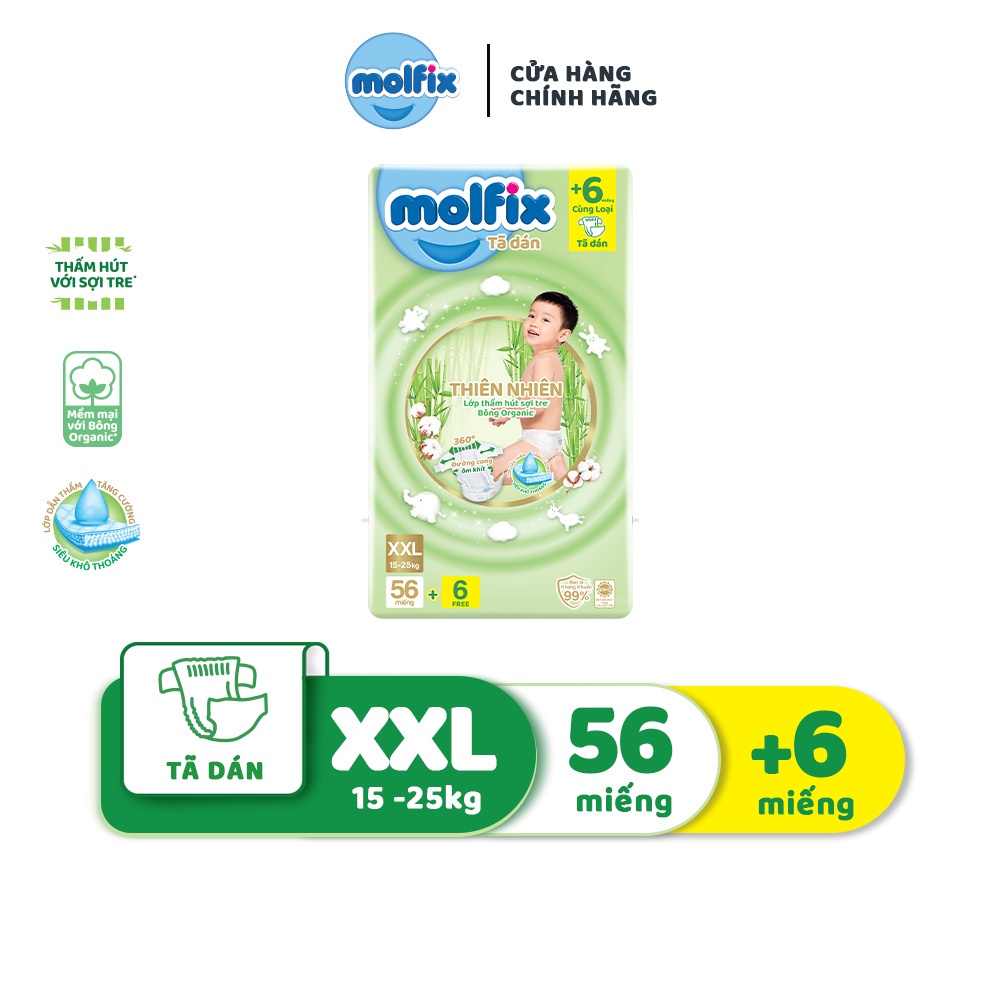 Tã dán thiên nhiên Molfix Super Jumbo S80/M76/L74/XL62/XXL56
