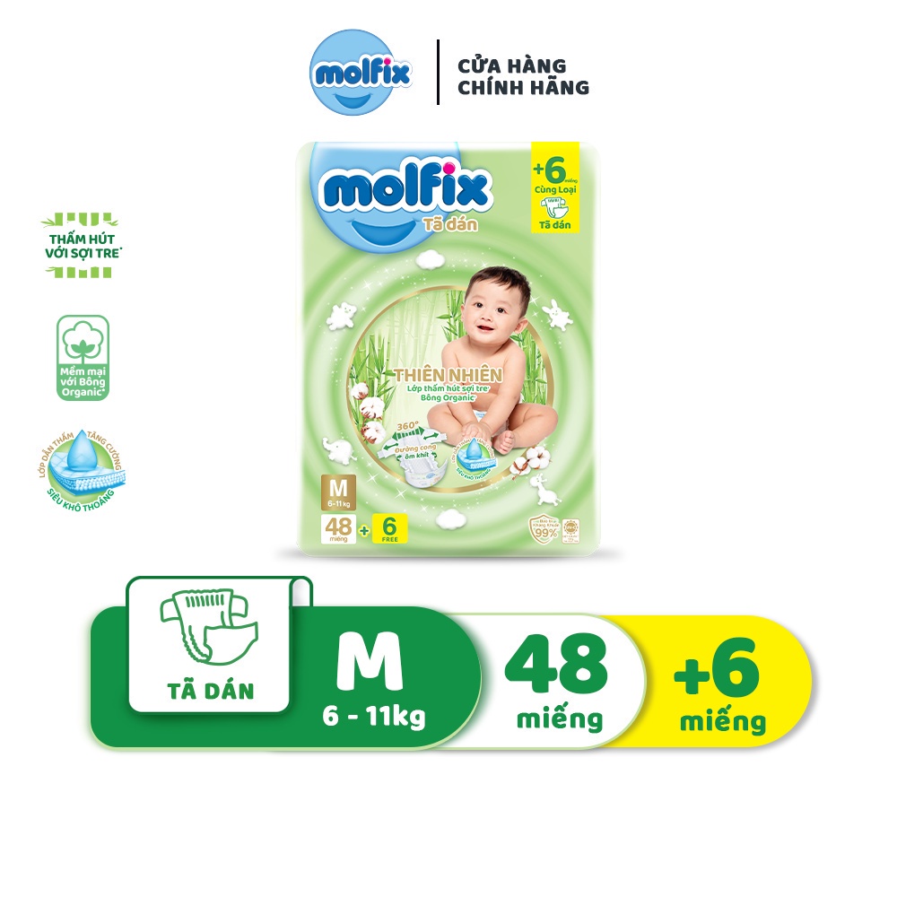 Tã dán thiên nhiên Molfix Jumbo NB76/S56/M48/L42/XL38