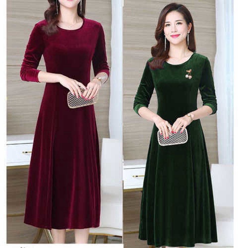 Đầm Nhung Cổ Tròn Tay Dài Dáng Rộng Màu Trơn Thời Trang Thu Đông Cho Phụ Nữ Trung Niên Size M-4xl 100kg