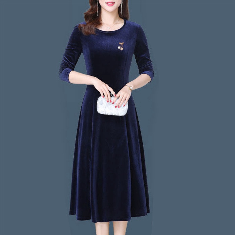 Đầm Nhung Cổ Tròn Tay Dài Dáng Rộng Màu Trơn Thời Trang Thu Đông Cho Phụ Nữ Trung Niên Size M-4xl 100kg