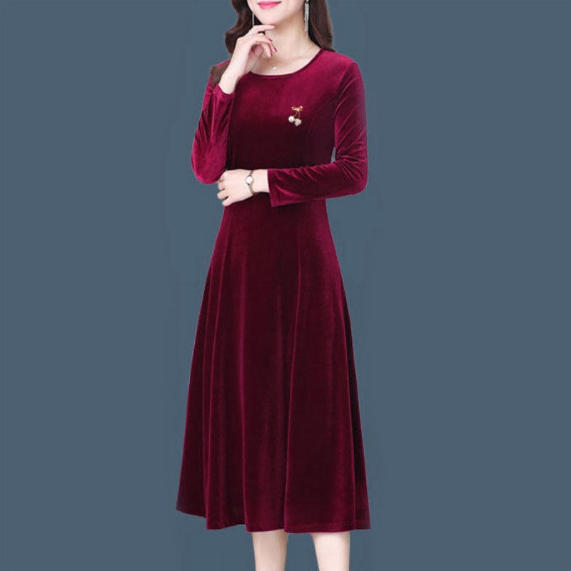 Đầm Nhung Cổ Tròn Tay Dài Dáng Rộng Màu Trơn Thời Trang Thu Đông Cho Phụ Nữ Trung Niên Size M-4xl 100kg