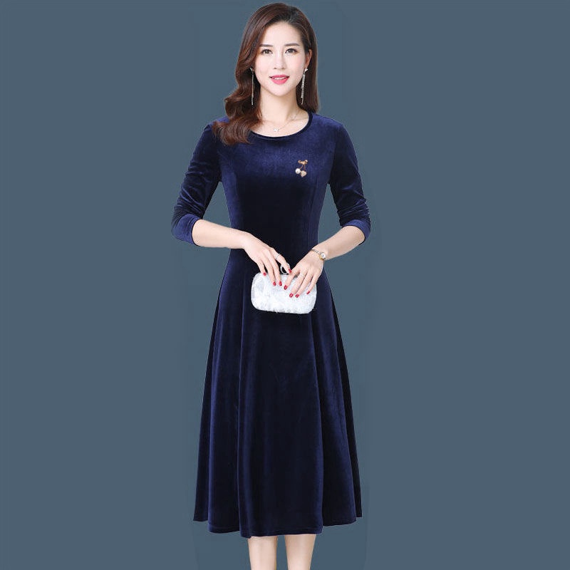 Đầm Nhung Cổ Tròn Tay Dài Dáng Rộng Màu Trơn Thời Trang Thu Đông Cho Phụ Nữ Trung Niên Size M-4xl 100kg