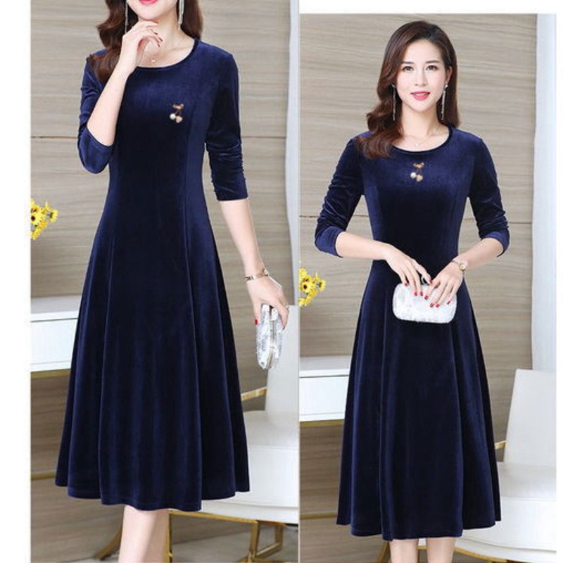 Đầm Nhung Cổ Tròn Tay Dài Dáng Rộng Màu Trơn Thời Trang Thu Đông Cho Phụ Nữ Trung Niên Size M-4xl 100kg