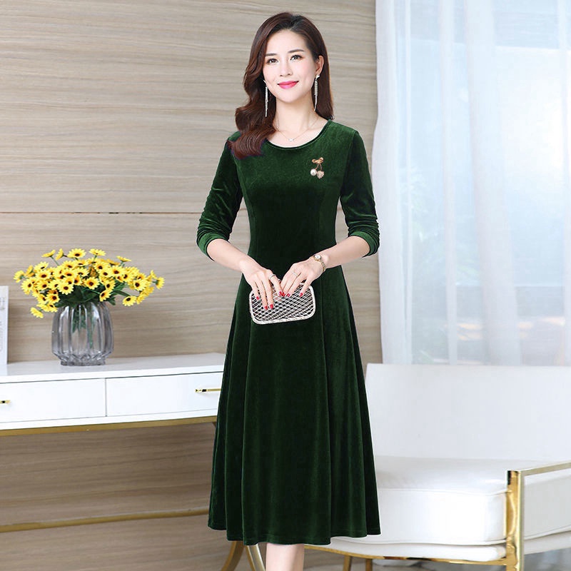 Đầm Nhung Cổ Tròn Tay Dài Dáng Rộng Màu Trơn Thời Trang Thu Đông Cho Phụ Nữ Trung Niên Size M-4xl 100kg