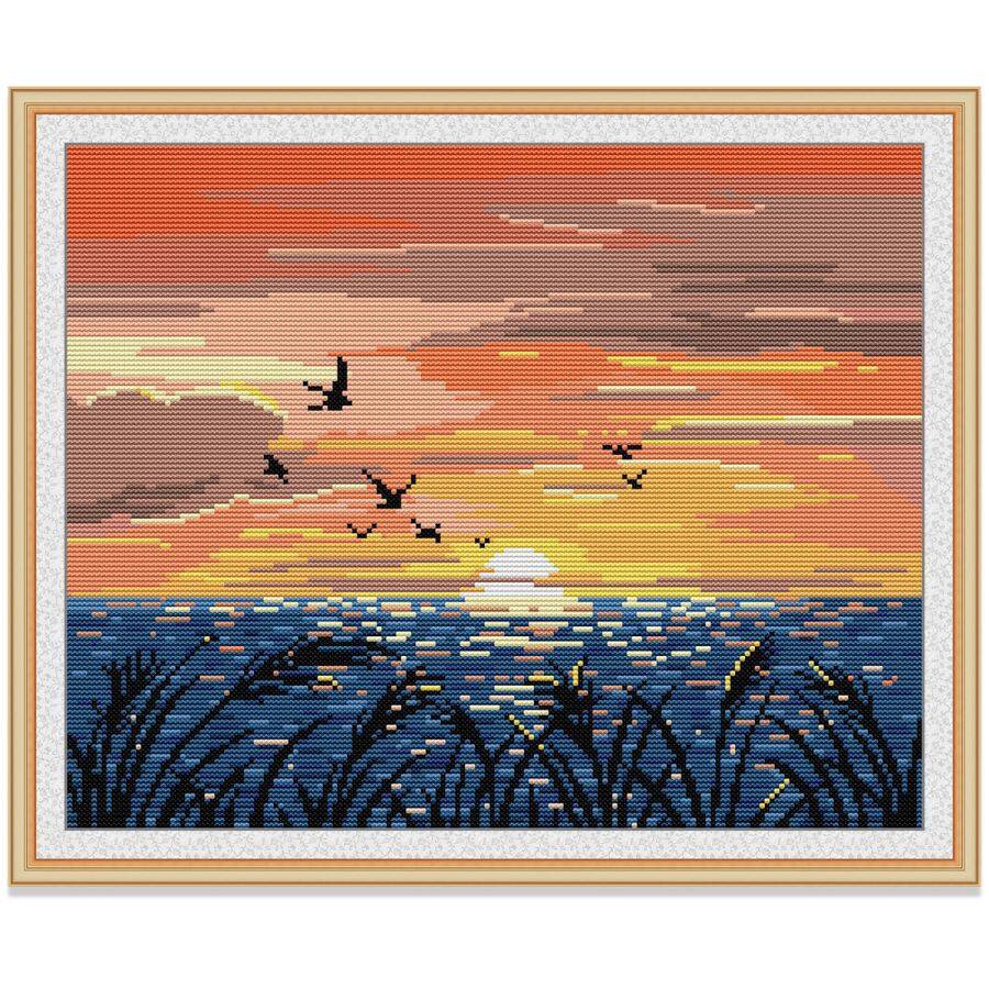 Tranh thêu chữ thập Hoàng hôn Bờ biển Phong cảnh Bộ thêu chữ thập, Vải in Vải không in 14CT 11CT