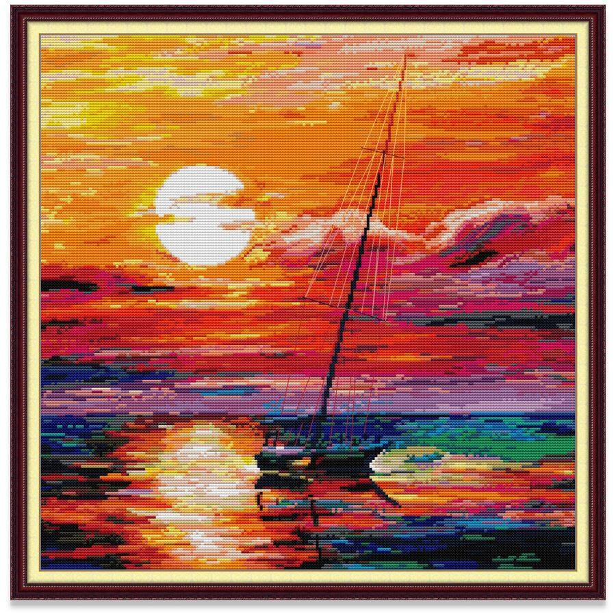 Tranh thêu chữ thập Hoàng hôn Bờ biển Phong cảnh Bộ thêu chữ thập, Vải in Vải không in 14CT 11CT
