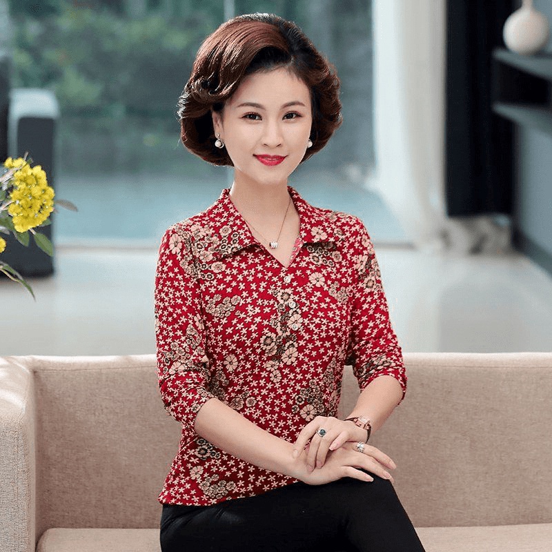 Áo thun tay dài dáng rộng thời trang cho phụ nữ trung niên