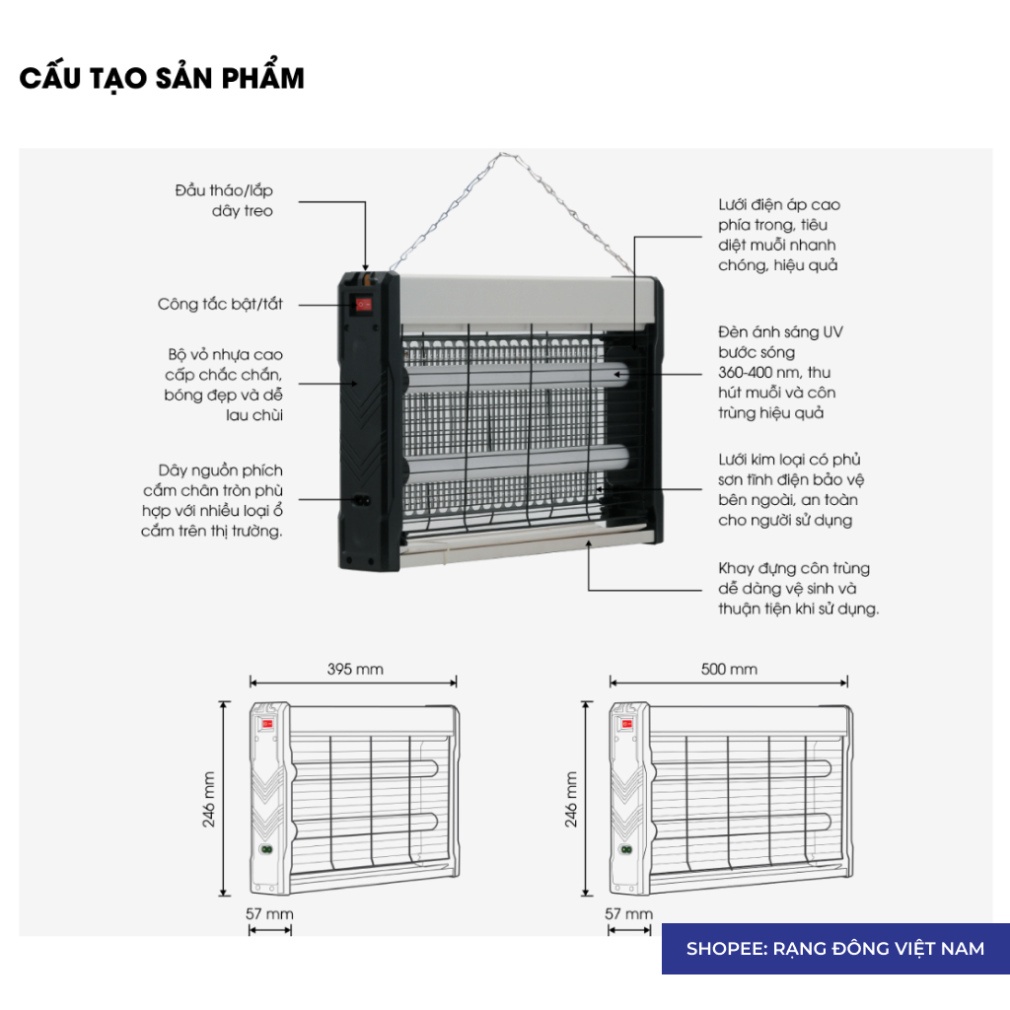 Đèn bắt muỗi Rạng Đông, máy thu hút côn trùng thông minh treo tường UV model DBM02 400x250/4W