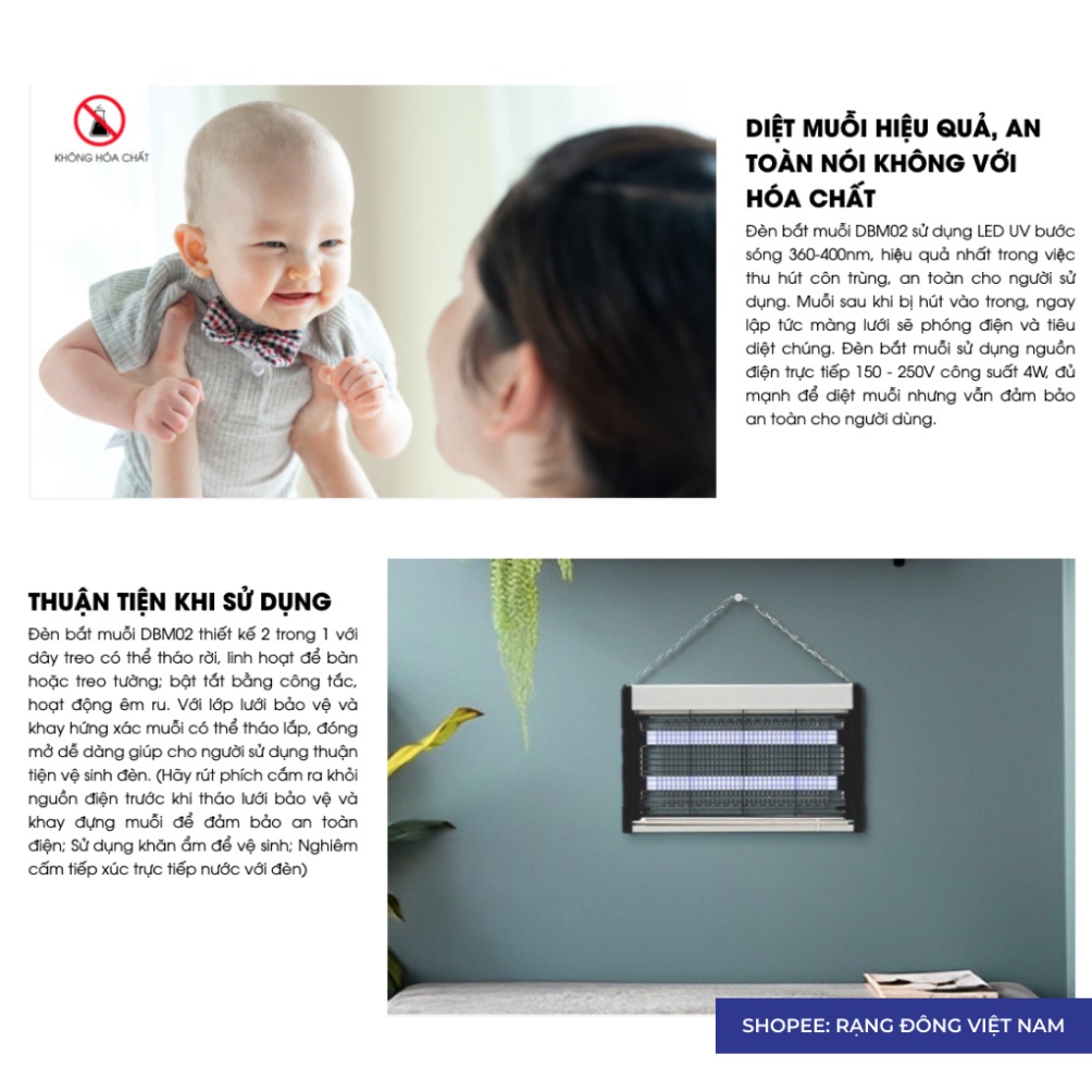 Đèn bắt muỗi Rạng Đông, máy thu hút côn trùng thông minh treo tường UV model DBM02 400x250/4W