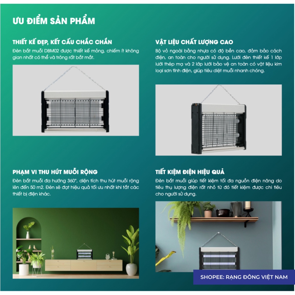 Đèn bắt muỗi Rạng Đông, máy thu hút côn trùng thông minh treo tường UV model DBM02 400x250/4W