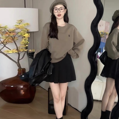 Áo sweater croptop nỉ bông cotton thêu ngựa form rộng