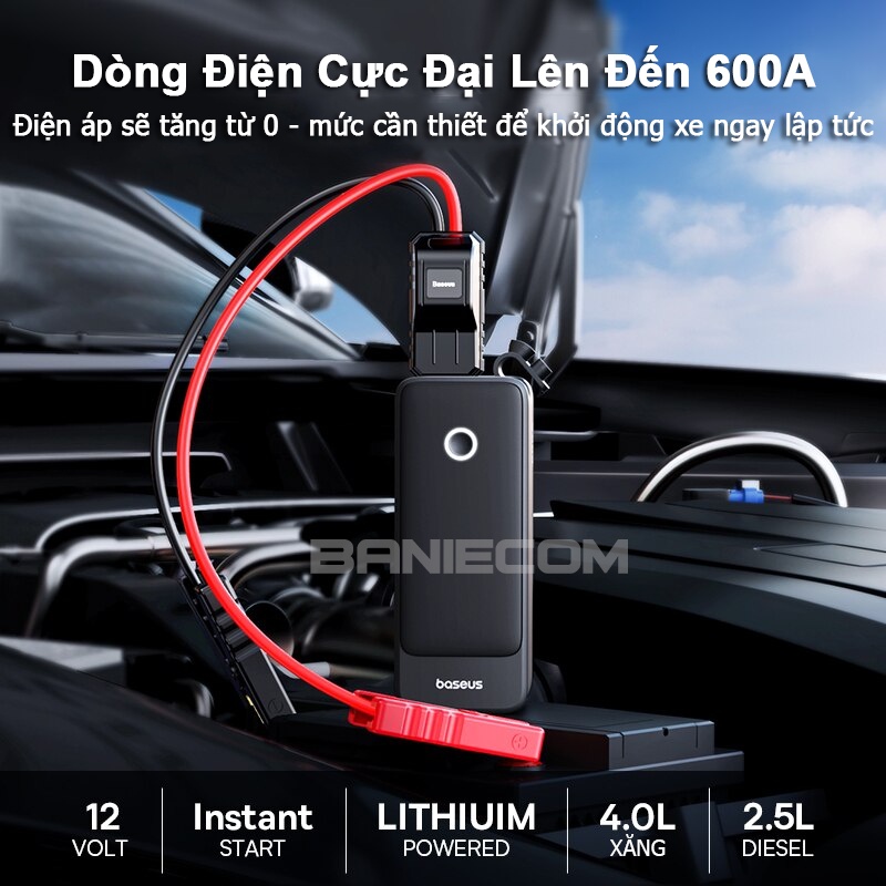 Kích khởi động xe hơi Baseus Mini Car Jump Started 600A 6000mAh cho xe Xăng < 4L và Dầu < 2.5L - BANIECOM