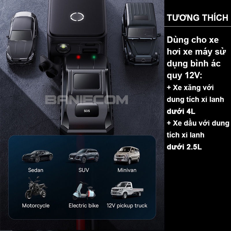 Kích khởi động xe hơi Baseus Mini Car Jump Started 600A 6000mAh cho xe Xăng < 4L và Dầu < 2.5L - BANIECOM