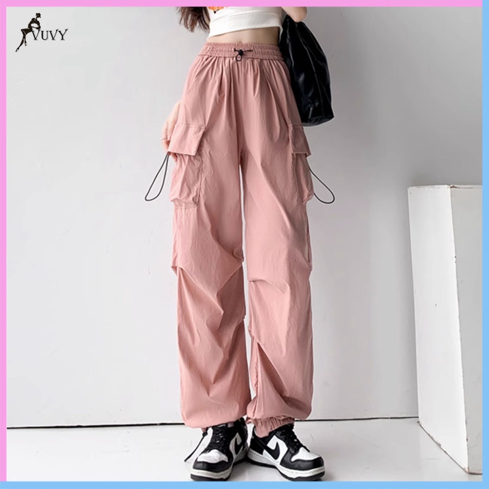 Quần túi hộp nữ, quần cargo pants ống rộng VUVY vải kaki phối dây rút eo QTH15 | BigBuy360 - bigbuy360.vn