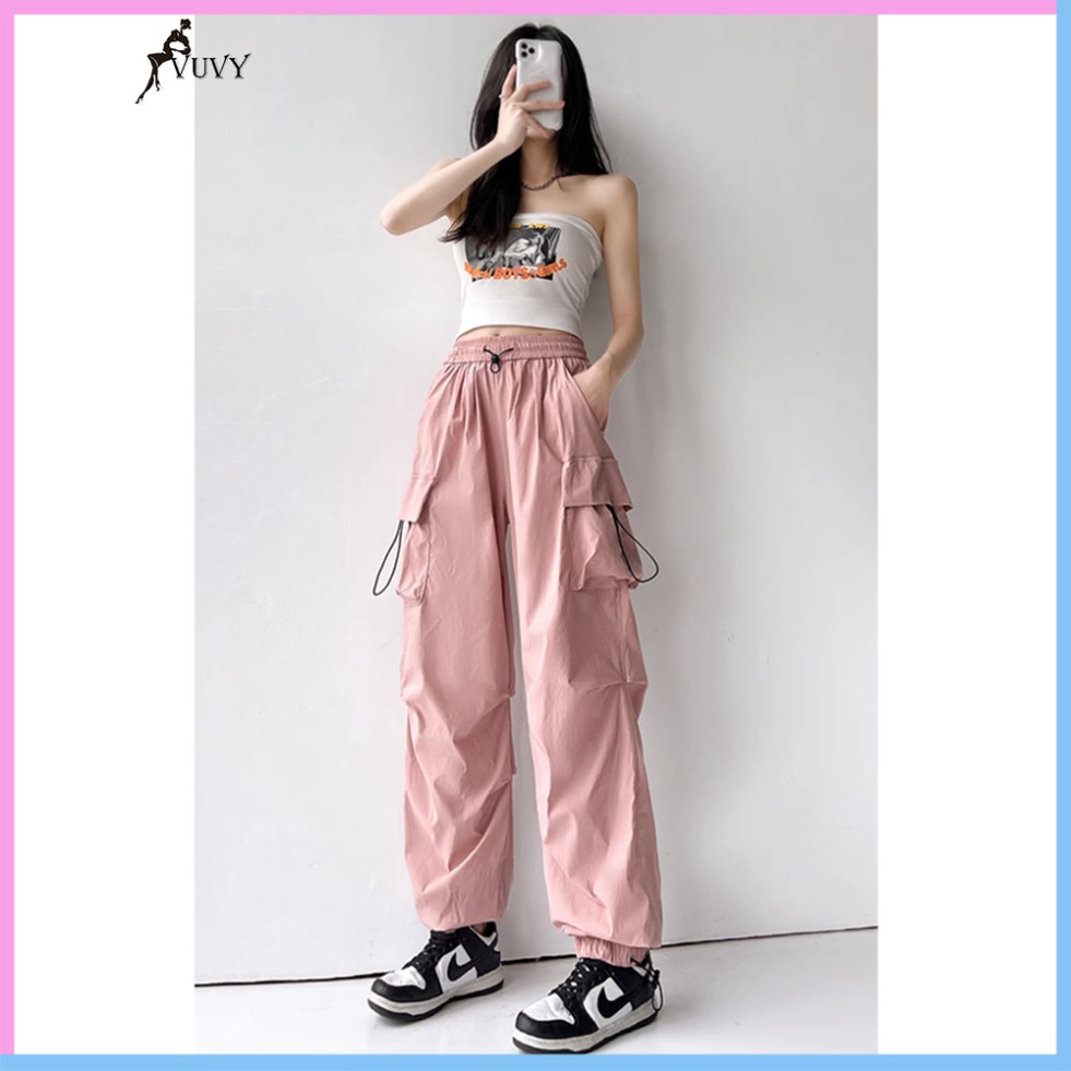 Quần túi hộp nữ, quần cargo pants ống rộng VUVY vải kaki phối dây rút eo QTH15 | BigBuy360 - bigbuy360.vn