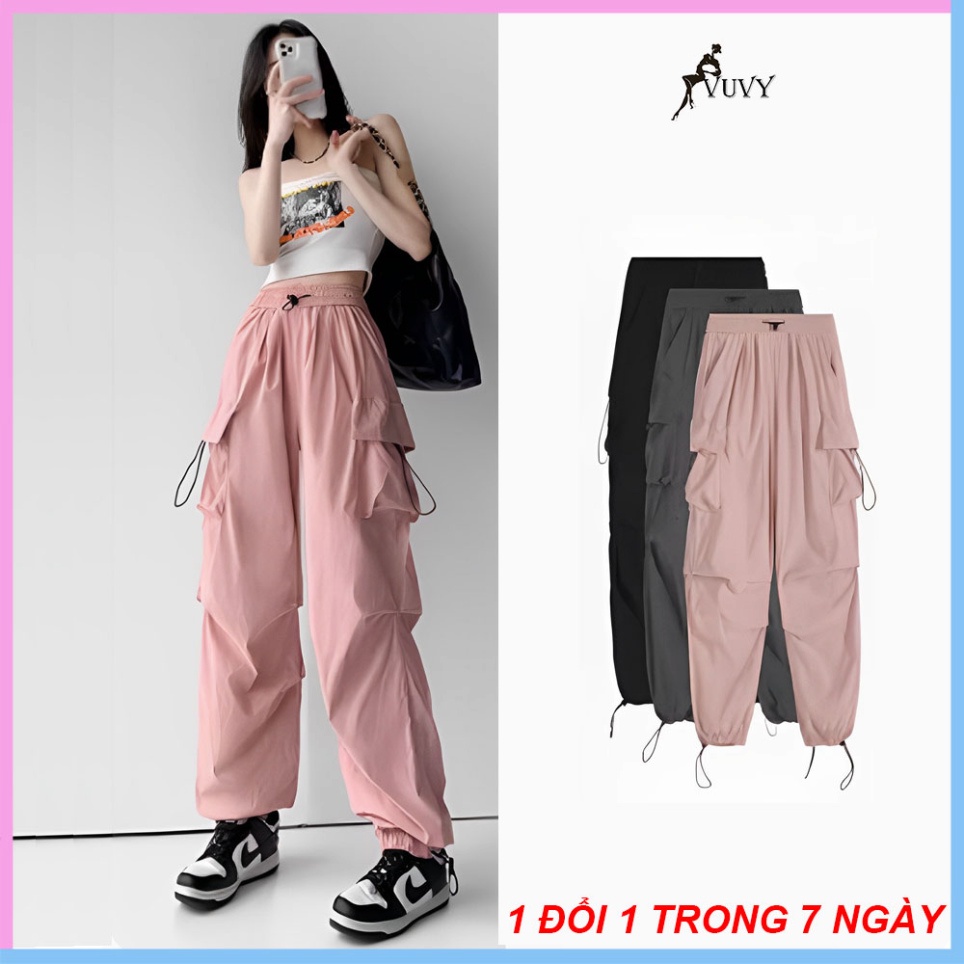 Quần túi hộp nữ, quần cargo pants ống rộng VUVY vải kaki phối dây rút eo QTH15 | BigBuy360 - bigbuy360.vn