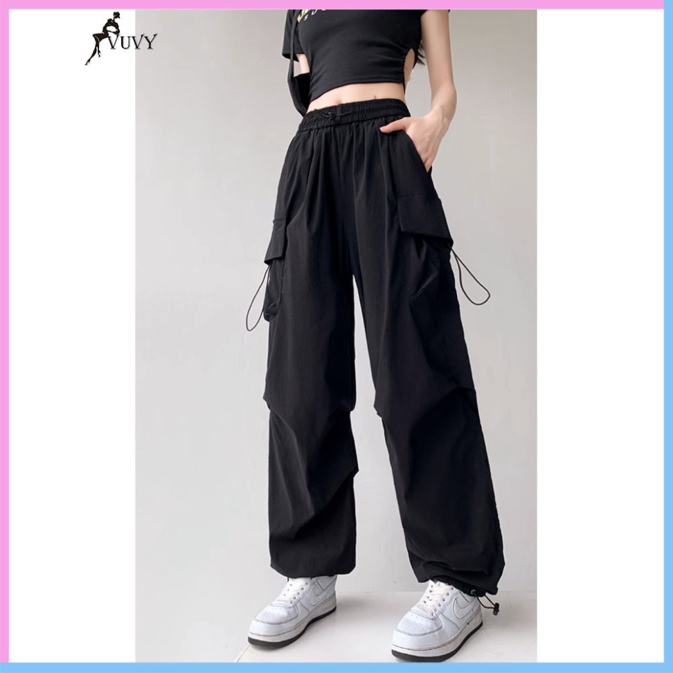 Quần túi hộp nữ, quần cargo pants ống rộng VUVY vải kaki phối dây rút eo QTH15 | BigBuy360 - bigbuy360.vn