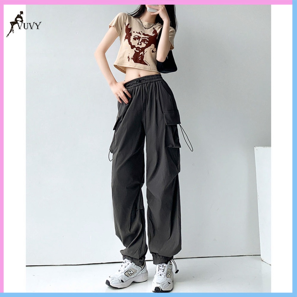 Quần túi hộp nữ, quần cargo pants ống rộng VUVY vải kaki phối dây rút eo QTH15 | BigBuy360 - bigbuy360.vn