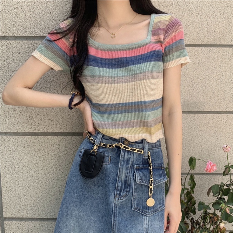 Áo len cầu vồng cổ vuông dáng croptop cực xinh AL12 | BigBuy360 - bigbuy360.vn