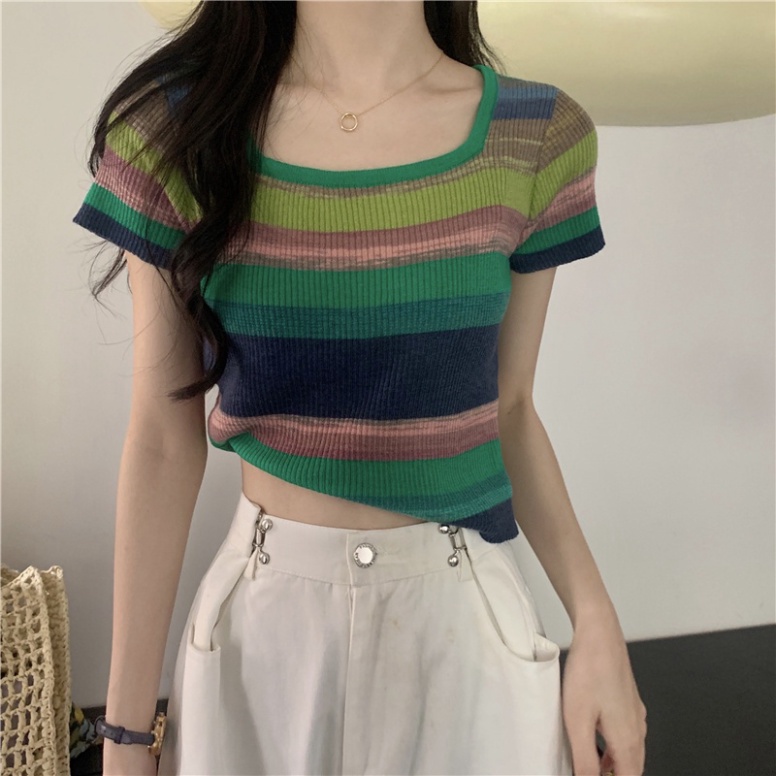 Áo len cầu vồng cổ vuông dáng croptop cực xinh AL12 | BigBuy360 - bigbuy360.vn