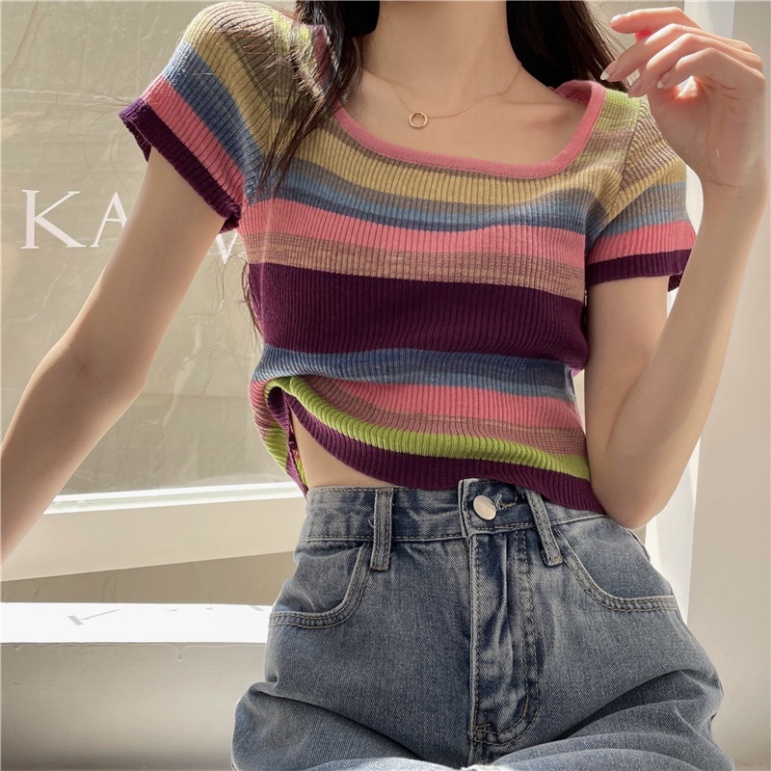 Áo len cầu vồng cổ vuông dáng croptop cực xinh AL12 | BigBuy360 - bigbuy360.vn
