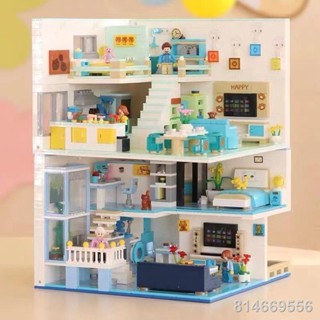 Tương thích với LEGO nhà tầng 2 phòng mèo mèo sủa căn hộ nhà chơi lắp ráp xây dựng cô gái quà tặng