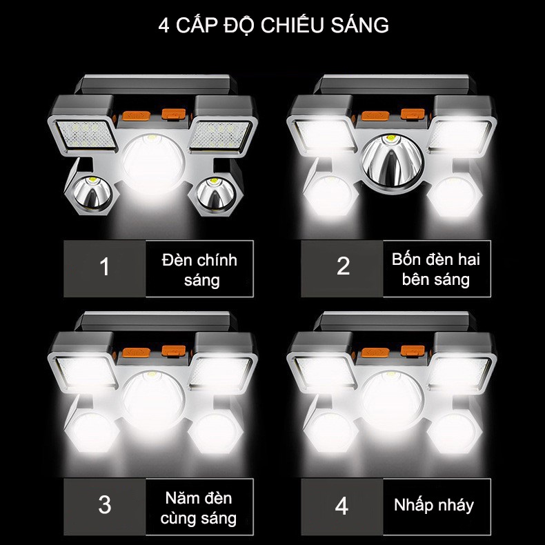Đèn Pin Siêu Sáng, Đèn Đội Đầu 5 bóng siêu sáng 4 chế độ đèn pin siêu sáng kèm sạc nhanh