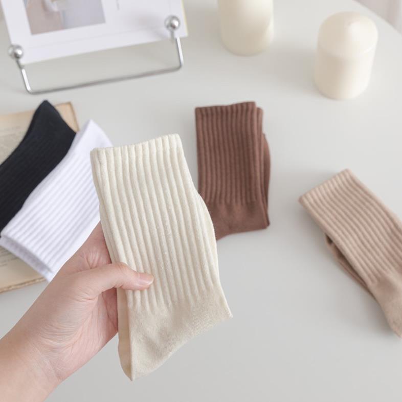 Set 5 Đôi Tất Cao Cổ Trơn Gân Tông Nâu Siêu Hot Phong Cách Hàn Softie tt27