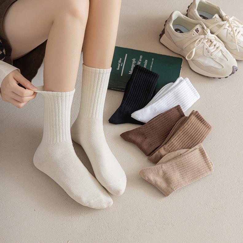 Set 5 Đôi Tất Cao Cổ Trơn Gân Tông Nâu Siêu Hot Phong Cách Hàn Softie tt27