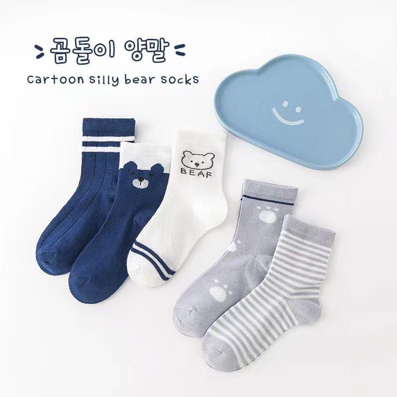 Set 5 Đôi Tất Gấu Xanh Gân Cổ Bo Cao Cho Các Bé 0-2 Tuổi Softie ss7
