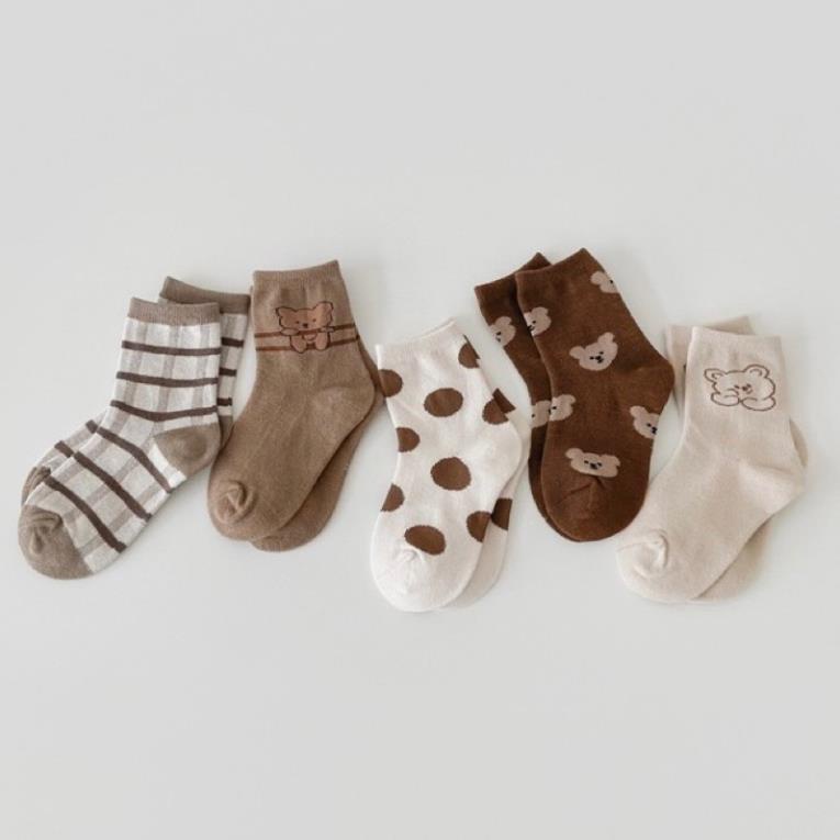 Set 5 đôi tất cotton gấu cam bi bé trai , gái sợi bông mềm mại thoáng khi khử mùi Softie te12