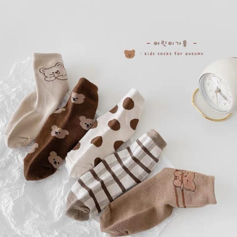Set 5 đôi tất cotton gấu cam bi bé trai , gái sợi bông mềm mại thoáng khi khử mùi Softie te12