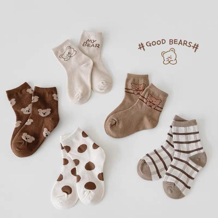 Set 5 đôi tất cotton gấu cam bi bé trai , gái sợi bông mềm mại thoáng khi khử mùi Softie te12